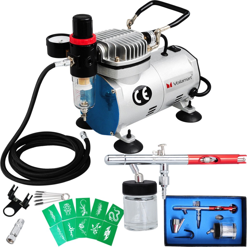 1/6HP Voilamart Air Brush Compressor Airbrush Spray Guns Stencils Hose