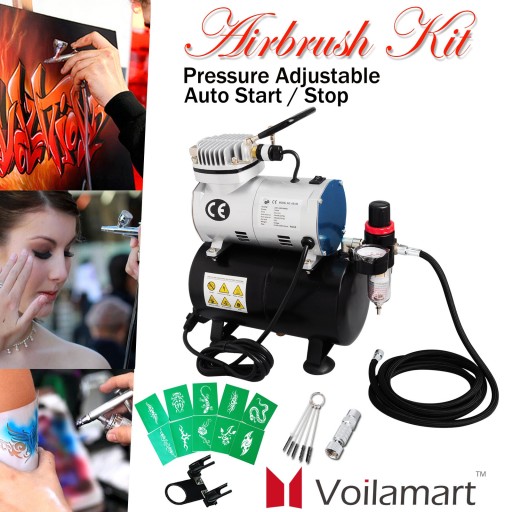 Voilamart Air Compressor 1/6 hp Airbrush Stencils Hose Kit with Tank for Make up Art Paint