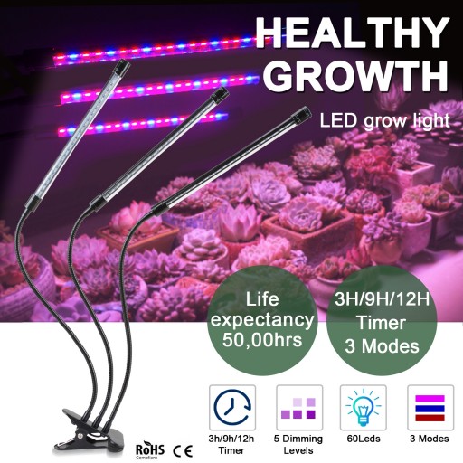 60 LED 3 Head Grow Light Hydroponic Garden Plant Desk 360° Flexible Clip Lamp30W